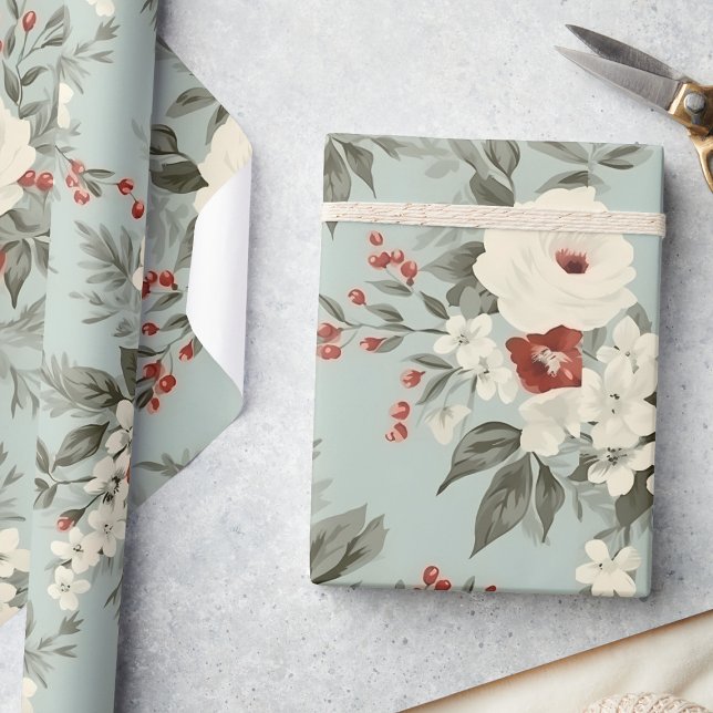 Elegant Winter Floral Frosted White & Crimson Wrapping Paper (Creator Uploaded)