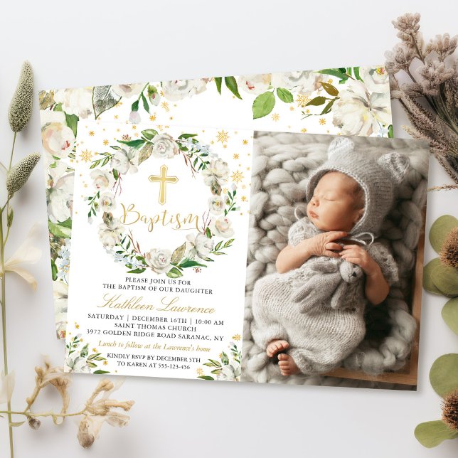 Elegant Winter Floral Girl Baptism Photo Invitation (Creator Uploaded)