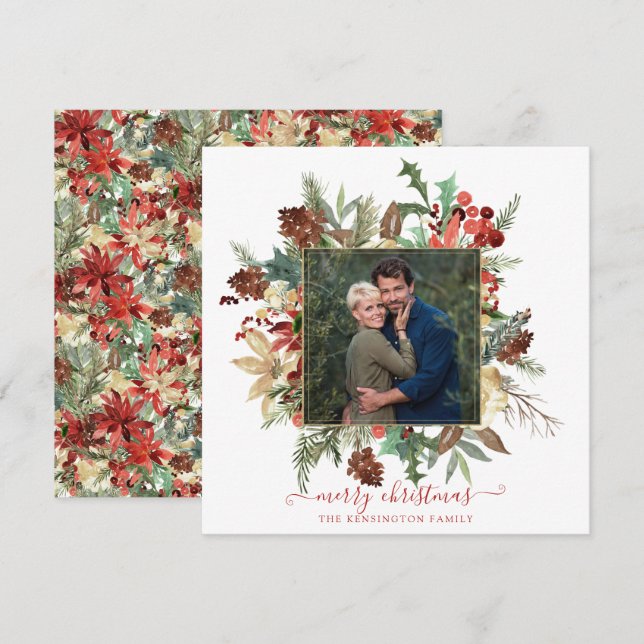 Elegant Winter Floral Gold Holiday Christmas Photo Card (Front/Back)