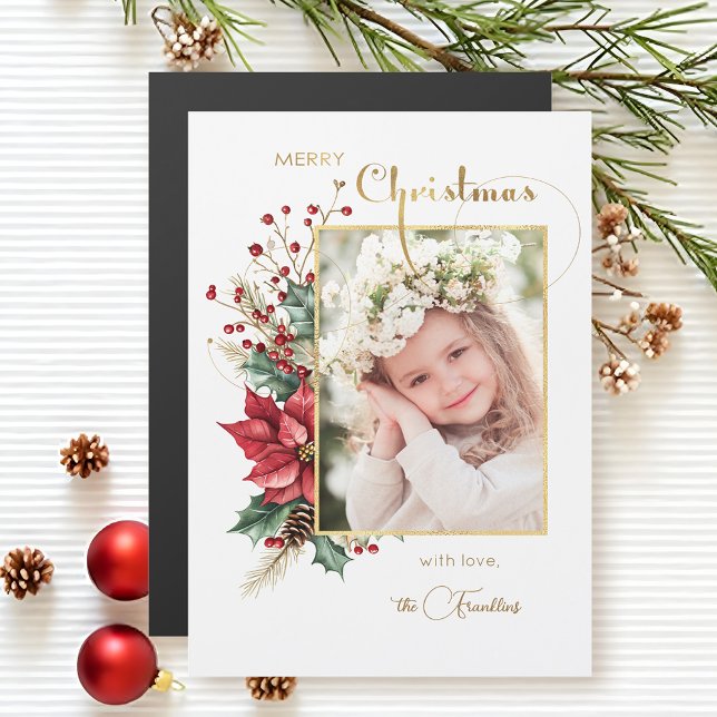 Elegant Winter Floral Gold Merry Christmas 1 Photo (Creator Uploaded)