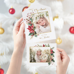 Elegant Winter Floral Gold Merry Christmas 1 Photo All In One Invitation