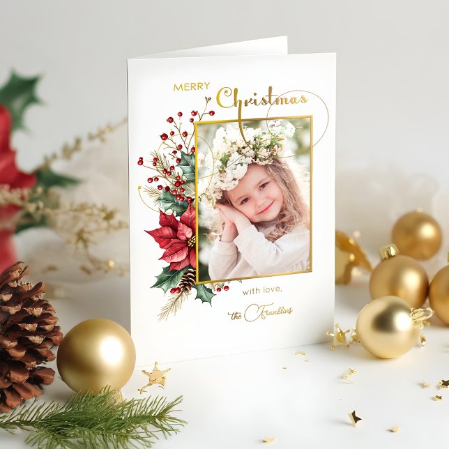 Elegant Winter Floral Gold Merry Christmas 1 Photo Foil Holiday Card (Creator Uploaded)