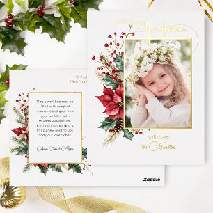 Elegant Winter Floral Gold Merry Christmas 1 Photo Foil Holiday Postcard