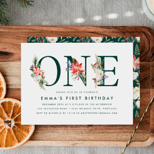 Elegant Winter Floral Green 1st Birthday Party Invitation