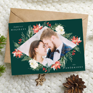 Elegant Winter Floral Green Geometric Frame Photo Holiday Card