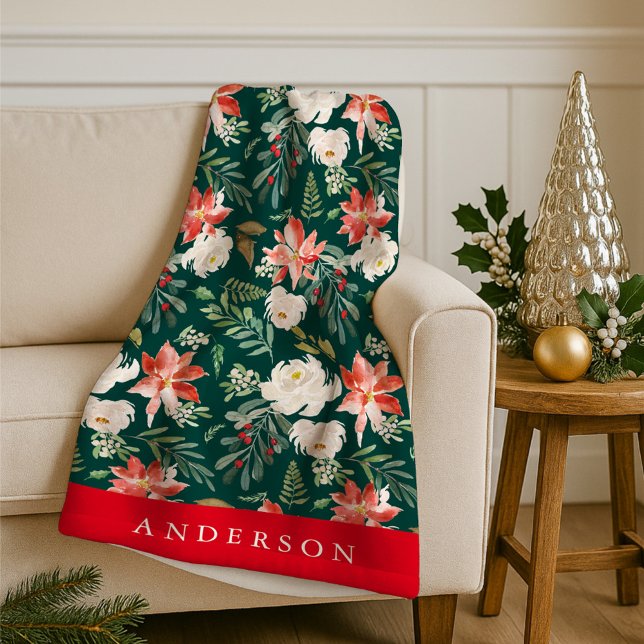 Elegant Winter Floral Green Personalised Holiday Fleece Blanket (Creator Uploaded)
