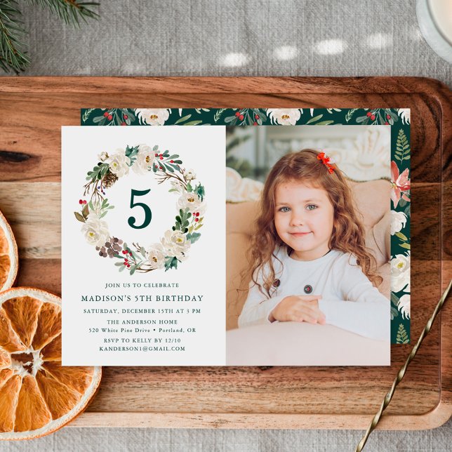 Elegant Winter Floral Green Photo Birthday Party Invitation (Creator Uploaded)