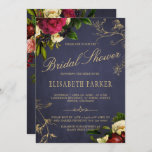 Elegant winter floral navy burgundy bridal shower invitation<br><div class="desc">A beautiful traditional bridal shower / bridal brunch invitation featuring winter / Christmas flower bouquets of dark burgundy, vibrant red and ivory cream roses, and peonies, foliage and leaves and a chic gold calligraphy script over a dark midnight navy blue chalkboard background. The invite is suitable also for summer night...</div>