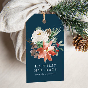Elegant Winter Floral Navy Personalised Holiday Gift Tags