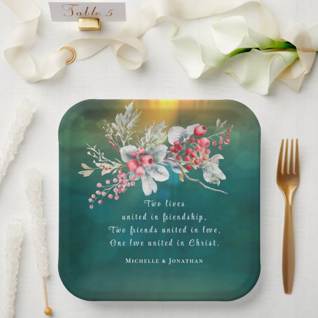 Elegant Winter Floral on Green Christian Wedding  Paper Plate (Wedding)