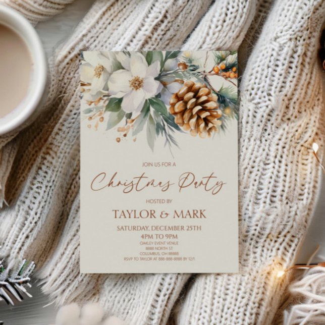 Elegant Winter Floral Pine Tree Christmas Party Invitation (Creator Uploaded)