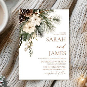 Elegant Winter Floral Pine Trees Wedding Invitation