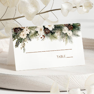 Elegant Winter Floral Pine Trees Wedding Place Card