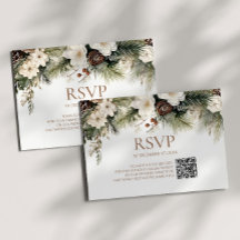 Elegant Winter Floral Pine Trees Wedding QR Code