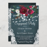 Elegant winter floral rustic engagement party invitation<br><div class="desc">Rustic elegant winter wngagement party stylish invitation template on a dark navy blue chalkboard featuring a beautiful burgundy wine and white peony roses bouquet with hunter green foliage, strings of white twinkle lights, lace corners, and a chic typography script. Easy to personalise with your details! The invitation is suitable for...</div>