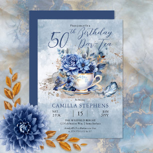 Elegant Winter Floral Teacup 50th Birthday Par-Tea Invitation