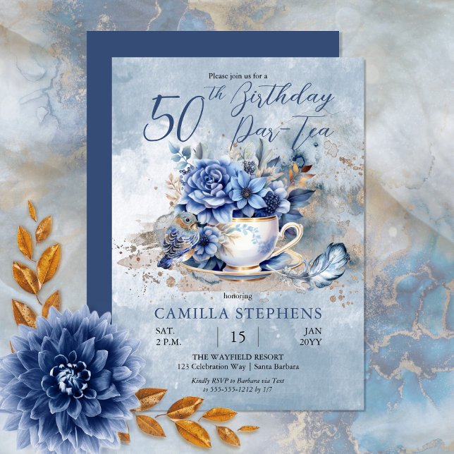 Elegant Winter Floral Teacup 50th Birthday Par-Tea Invitation (Create a magical birthday celebration with this beautiful blue winter floral teacup and bird design.)