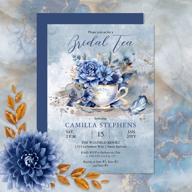 Elegant Winter Floral Teacup Bridal Tea Shower Invitation (Create a magical bridal celebration with this beautiful blue winter floral teacup and bird design.)