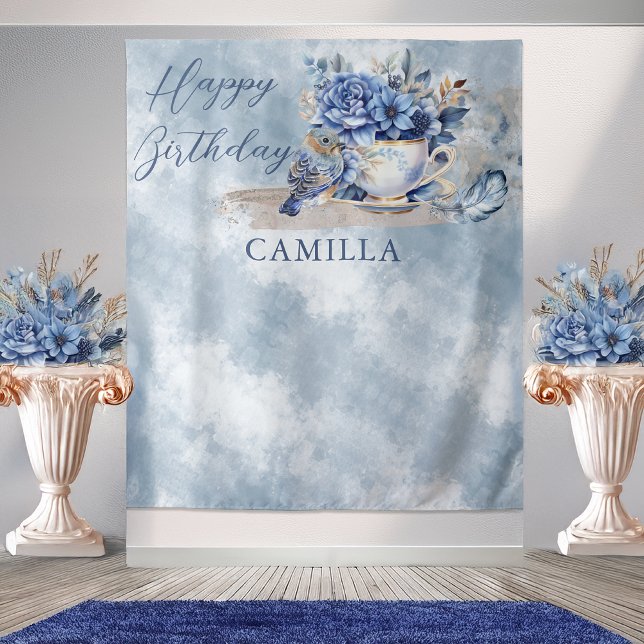 Elegant Winter Floral Teacup Happy Birthday Tapestry (Elegant Winter Floral Teacup with Feather and Bird Happy Birthday Large Backdrop)