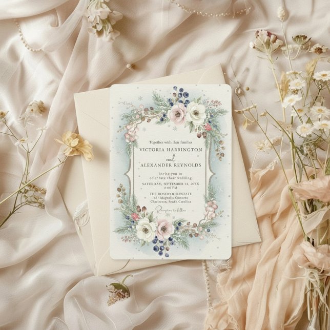 Elegant Winter Floral Wedding Invitation (winter wedding invitation showcases a soft floral wreath with blush flowers, winter greenery)
