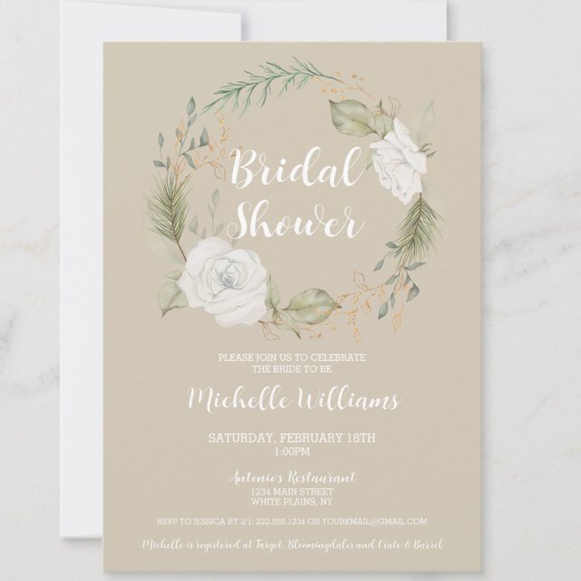 Elegant Winter Floral Wreath Bridal Shower Invitation (White Floral Wreath Bridal Shower Invitation, Cream, Taupe, Beige, Neutral, Invite, Classic)