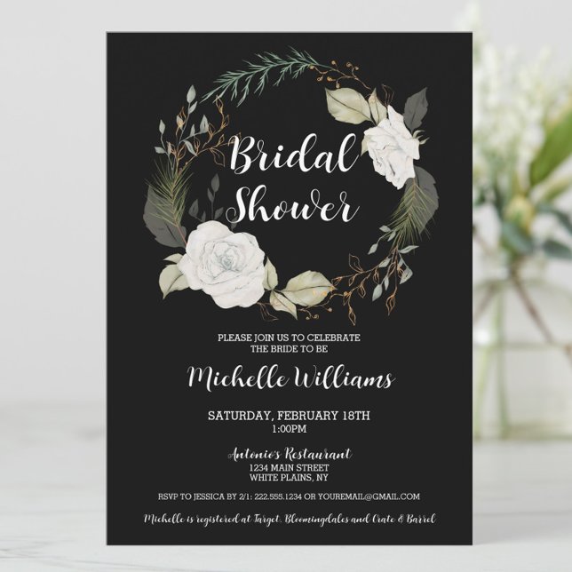 Elegant Winter Floral Wreath Bridal Shower Invitation (Elegant Black and White Floral Bridal Shower Invitation)