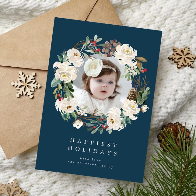 Elegant Winter Floral Wreath Navy Photo Holiday Card (Creator Uploaded)