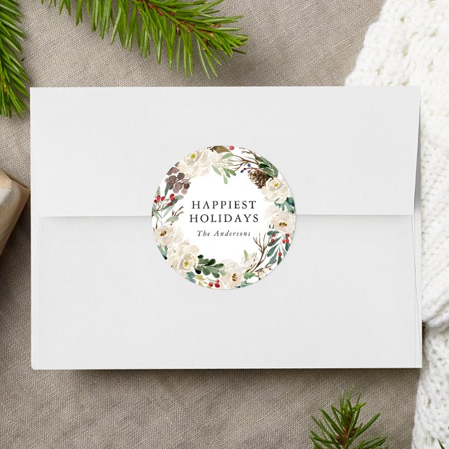 Elegant Winter Floral Wreath Personalised Holiday Classic Round Sticker (Creator Uploaded)