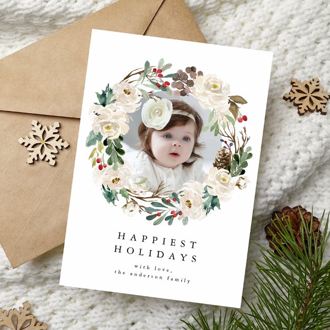 Elegant Winter Floral Wreath Photo Holiday Card (Creator Uploaded)