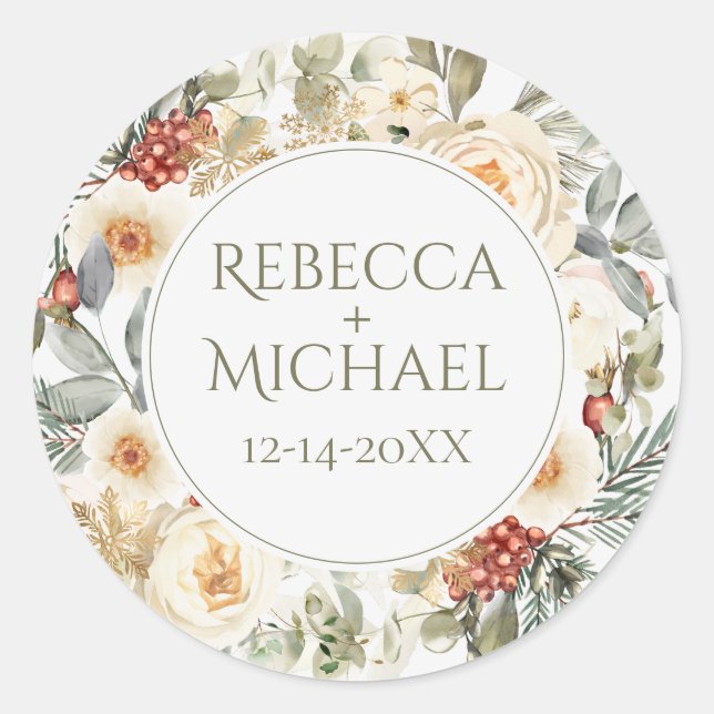 Elegant Winter Florals Personalised Wedding Classic Round Sticker (Front)
