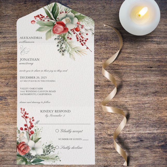 Elegant Winter Flowers, Berries & Pine  All In One Invitation (Creator Uploaded)