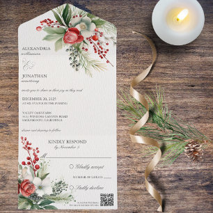 Elegant Winter Flowers, Berries & Pine QR Code All In One Invitation
