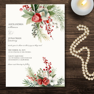 Elegant Winter Flowers, Berries & Pine Wedding  Invitation