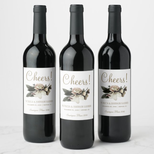 Elegant winter flowers cheers and names wedding wine label (Bottles)