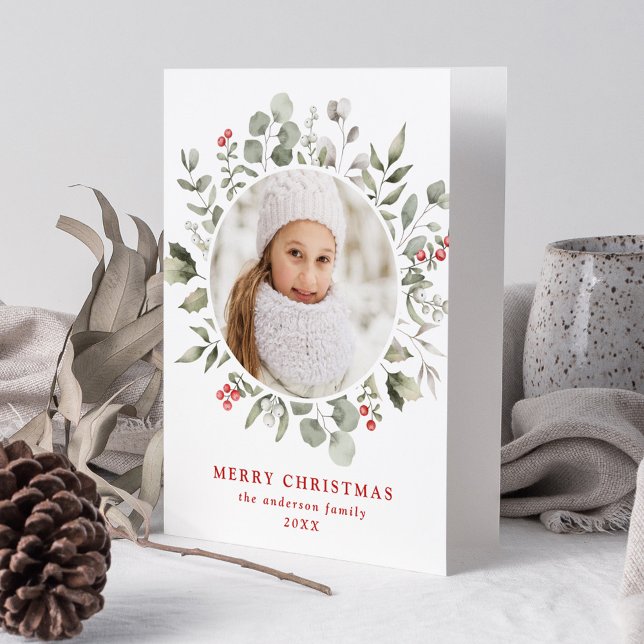 Elegant Winter Foliage and Holly Berries Photo Holiday Card (Creator Uploaded)
