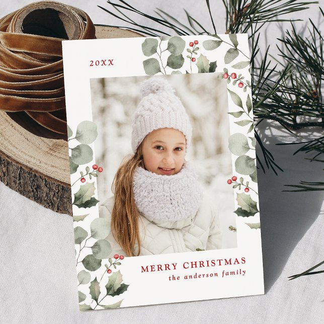 Elegant Winter Foliage and Holly Berries Photo Holiday Card (Creator Uploaded)