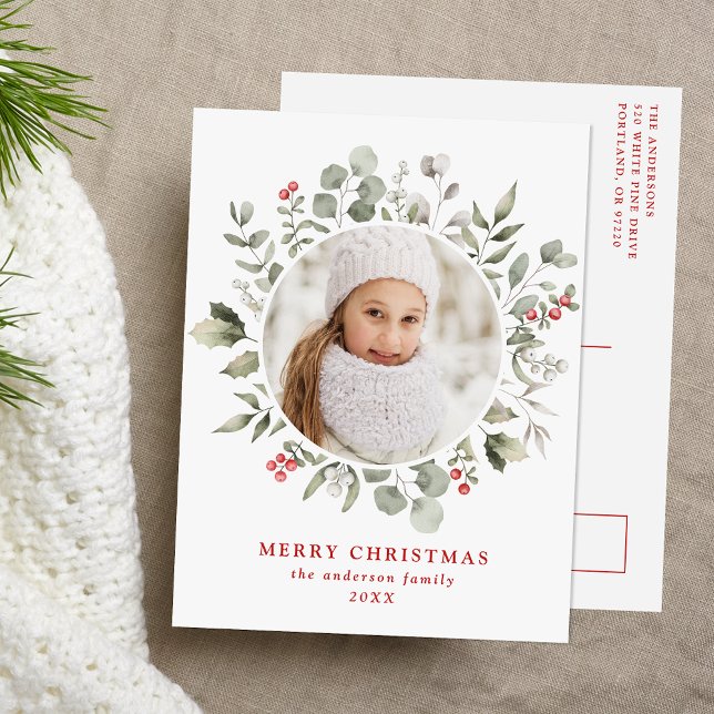 Elegant Winter Foliage and Holly Berries Photo Holiday Postcard (Creator Uploaded)