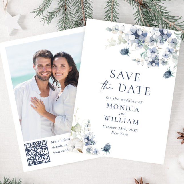 Elegant Winter Foliage Boho Wedding Photo QR code Save The Date (Creator Uploaded)