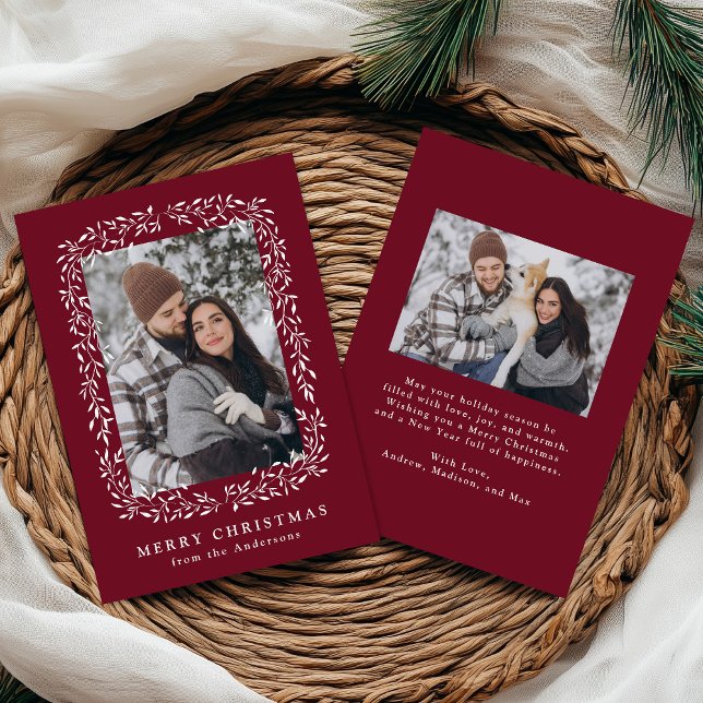 Elegant Winter Foliage Burgundy 2 Photo Holiday Card (Creator Uploaded)