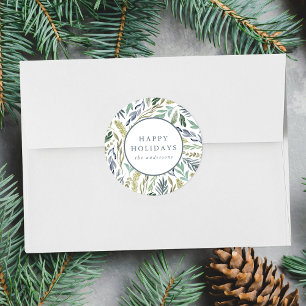 Elegant Winter Foliage Happy Holidays Classic Round Sticker
