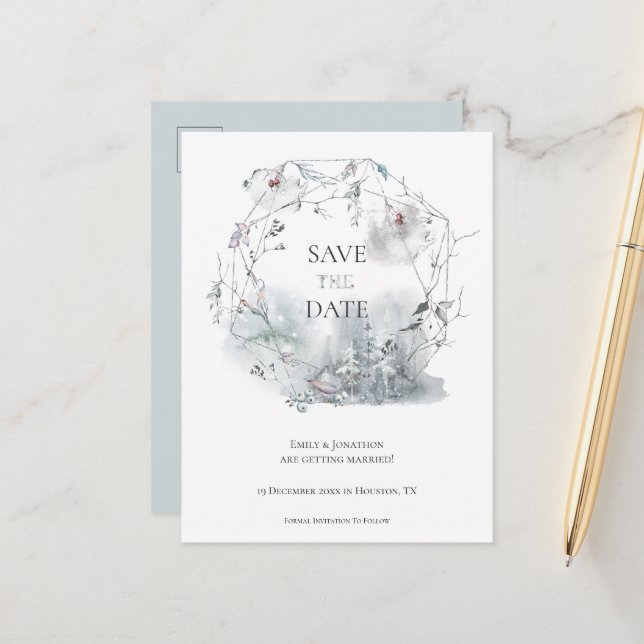 Elegant Winter Foliage Wedding Save The Date Announcement Postcard (Front/Back In Situ)