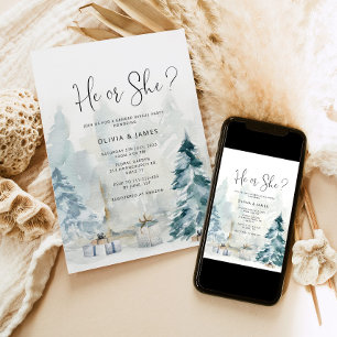 Elegant Winter forest gender reveal He or She Invitation