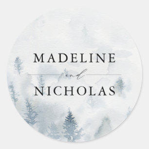 Elegant Winter Forest Personalised Wedding Classic Round Sticker
