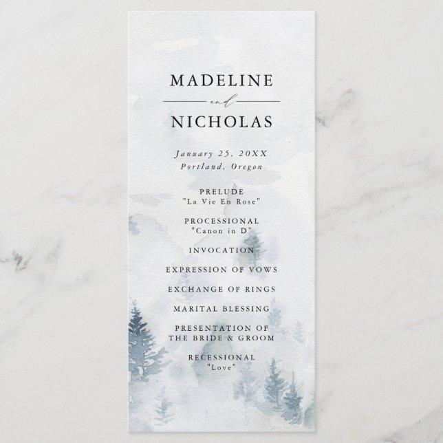 Elegant Winter Forest Wedding Ceremony Programme (Front)