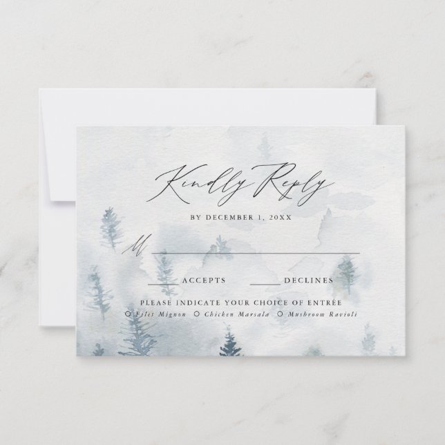 Elegant Winter Forest Wedding Meal Choice RSVP Card (Front)