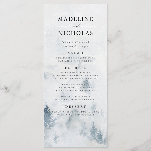 Elegant Winter Forest Wedding Menu Card (Front)