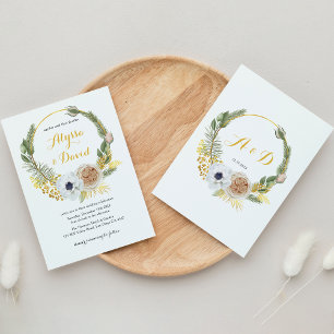 Elegant Winter Gold Floral Wreath Monogram Wedding Invitation