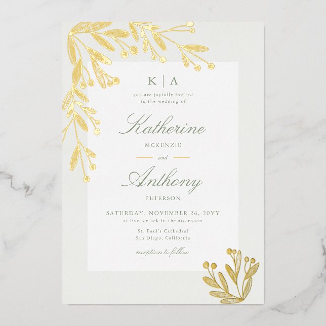 Elegant Winter Gold Mistletoe Monograms Wedding (Front)