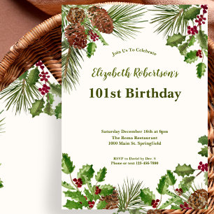 Elegant Winter Greenery 101st Birthday Invitation