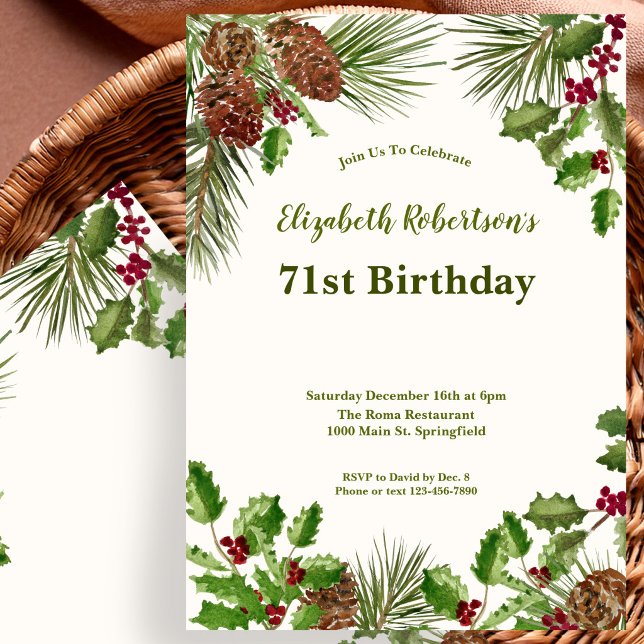 Elegant Winter Greenery 71st Birthday Invitation (Creator Uploaded)